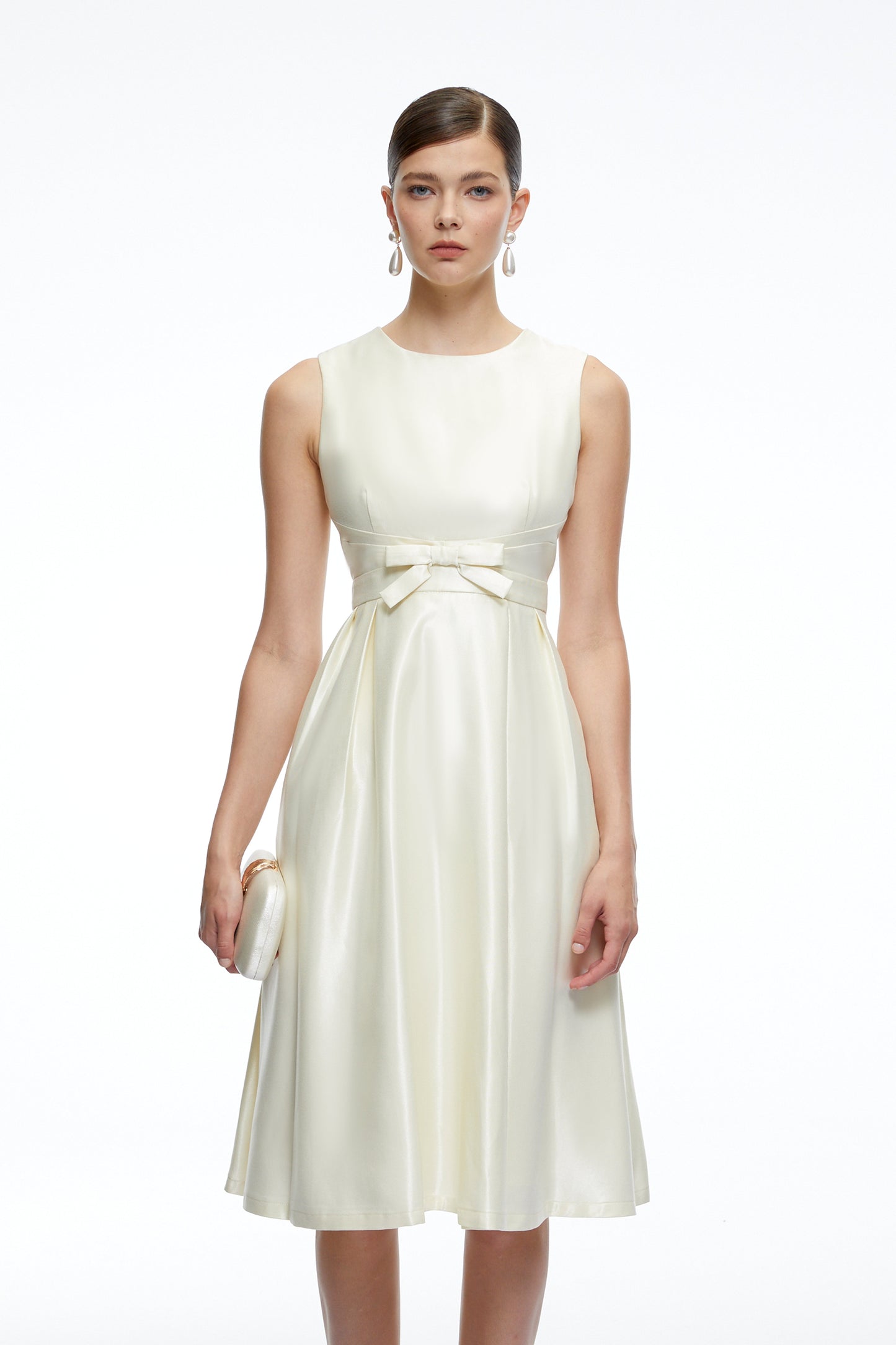 Fiora White Sleeveless A-Line Midi Dress with Bow