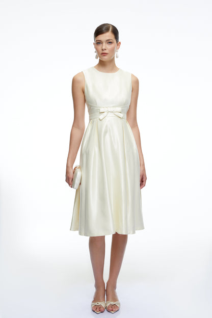 Fiora White Sleeveless A-Line Midi Dress with Bow