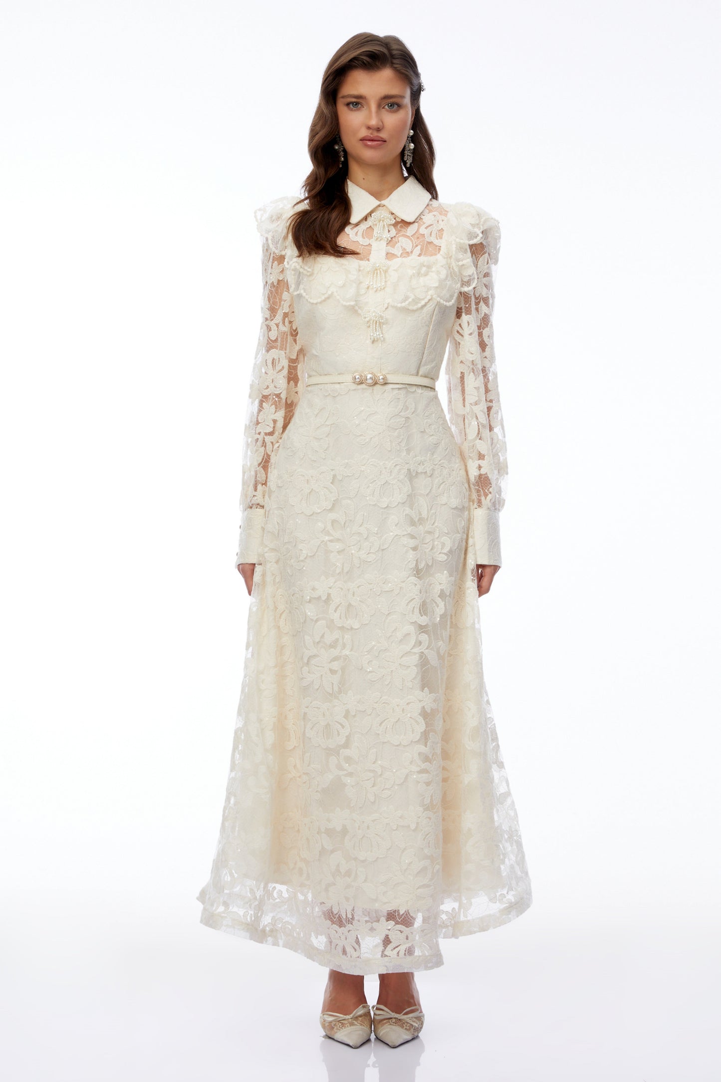 Fiord Ivory Collared Floral Lace Maxi Dress