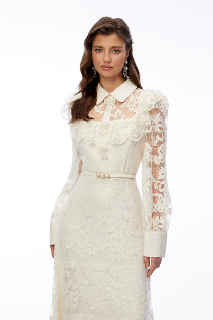 Fiord Ivory Collared Floral Lace Maxi Dress