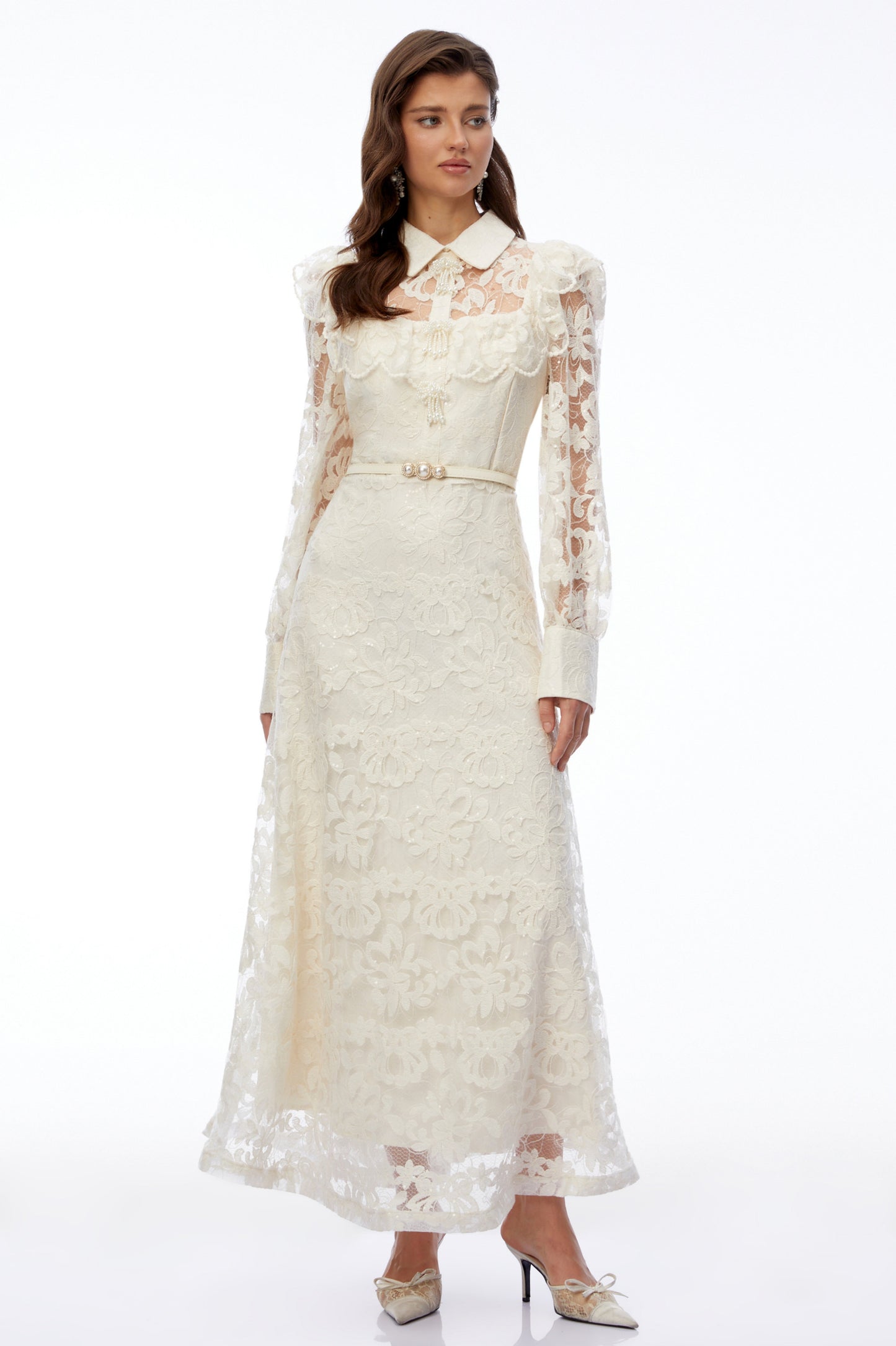 Fiord Ivory Collared Floral Lace Maxi Dress