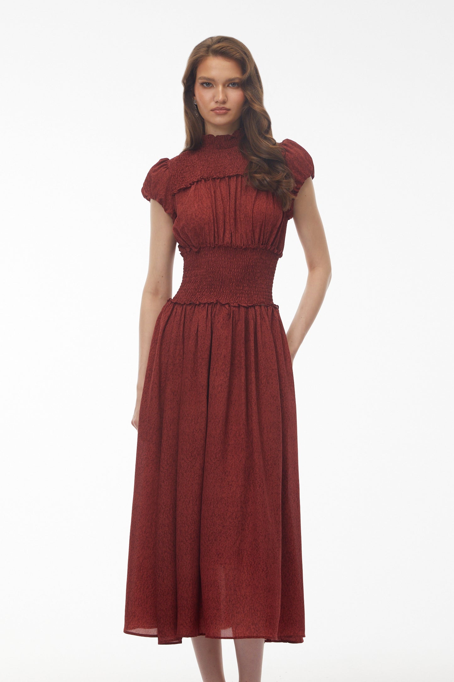 Fiorella Deep Red High Neck Pleated Midi Dress