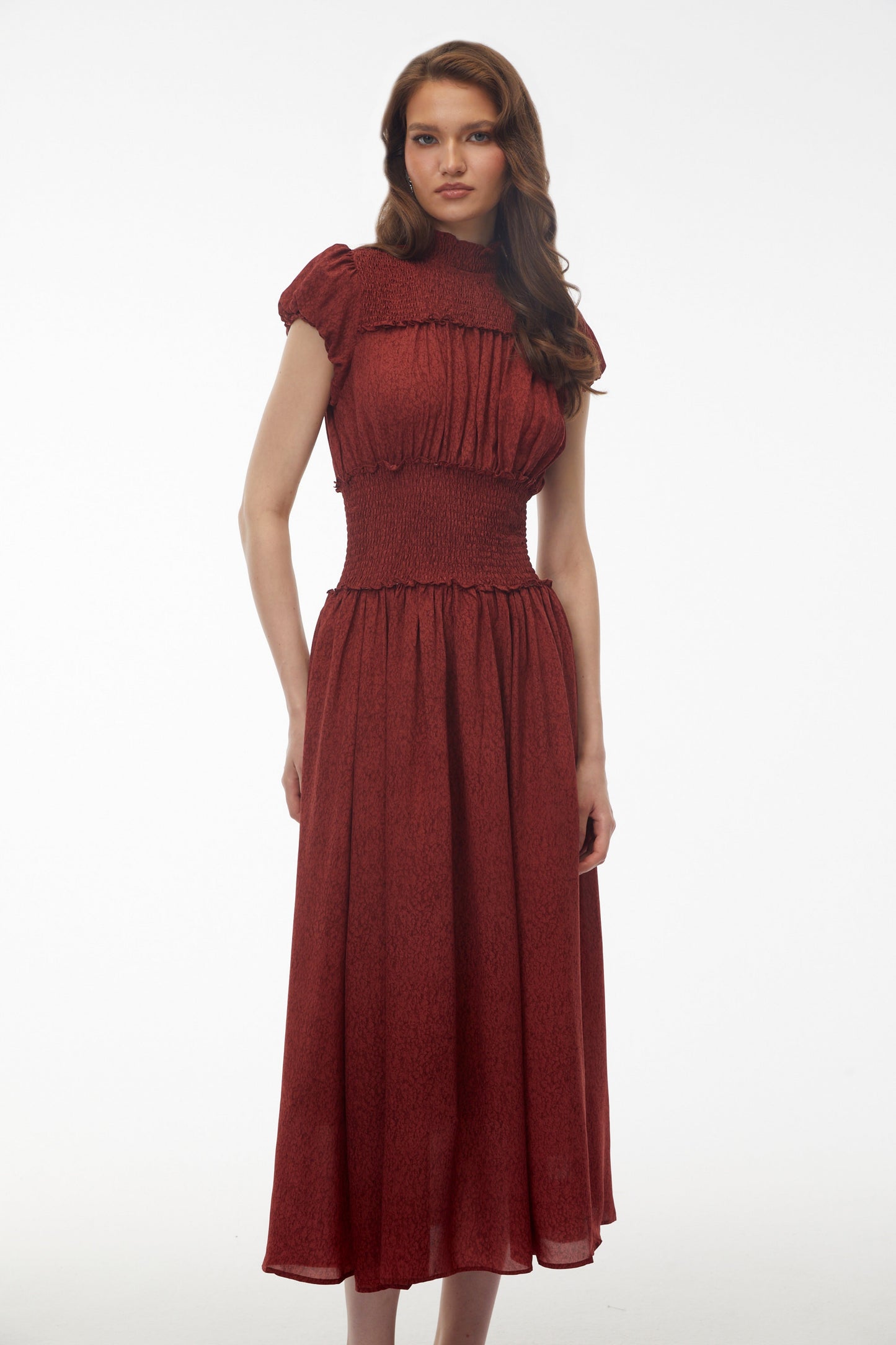 Fiorella Deep Red High Neck Pleated Midi Dress