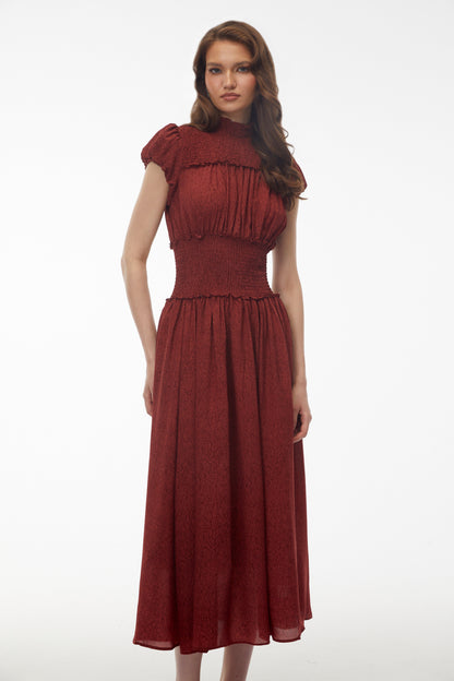 Fiorella Deep Red High Neck Pleated Midi Dress