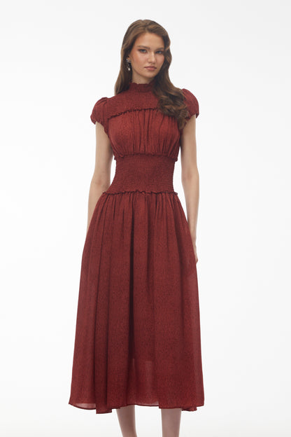 Fiorella Deep Red High Neck Pleated Midi Dress