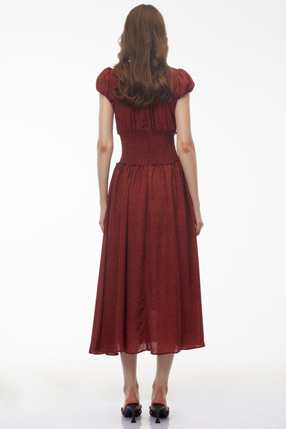 Fiorella Deep Red High Neck Pleated Midi Dress