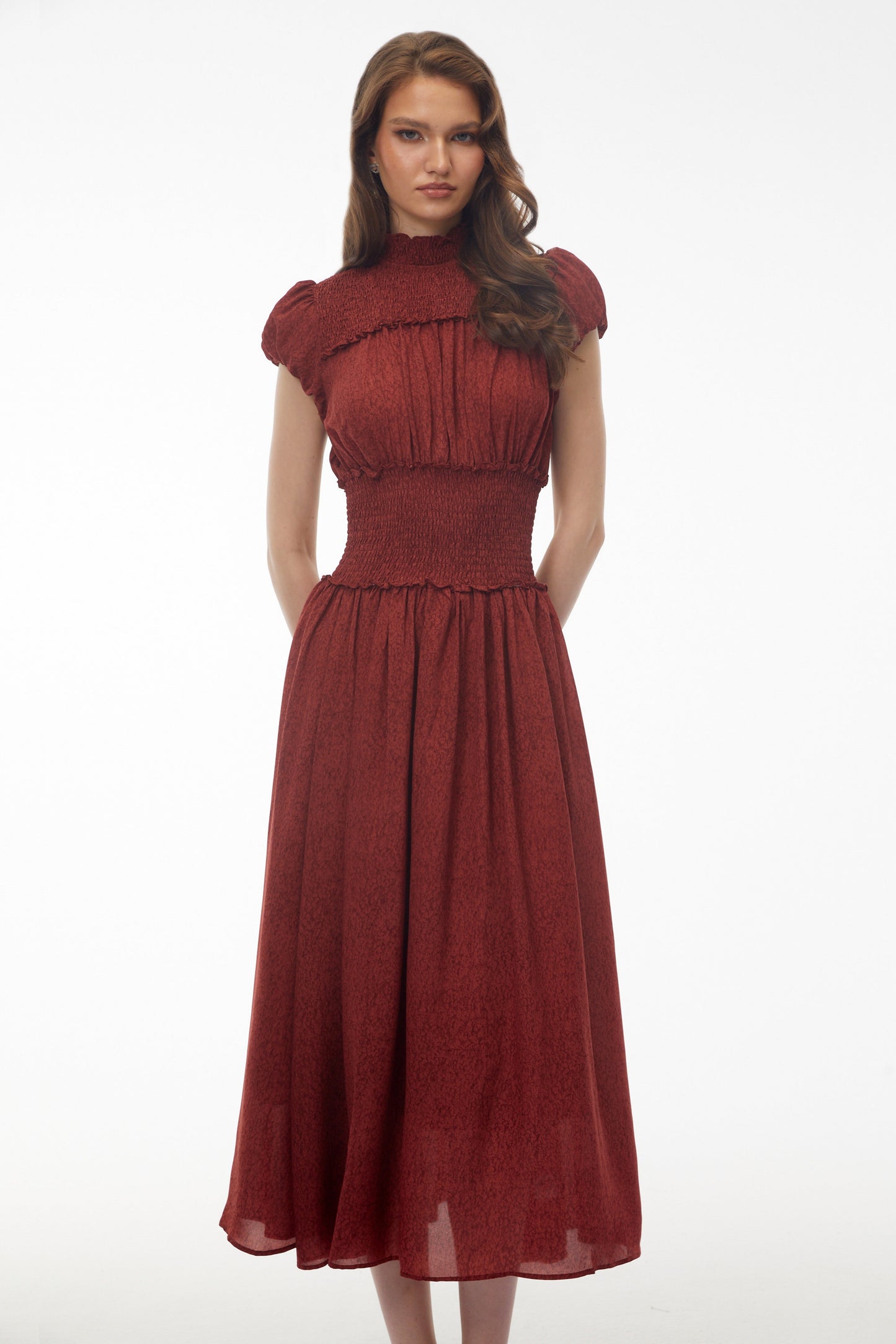 Fiorella Deep Red High Neck Pleated Midi Dress