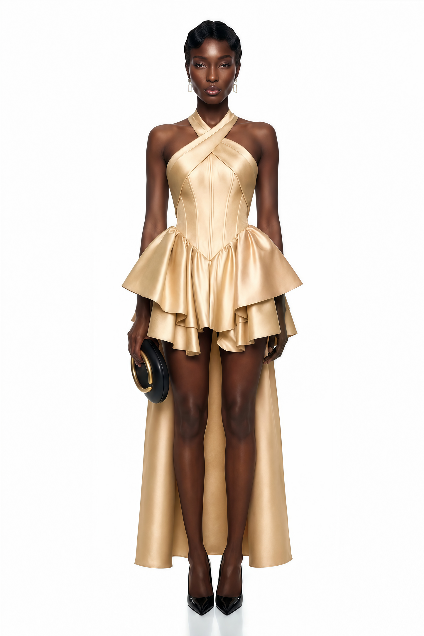 Firuze Gold Cross Front Asymmetrical Tiered Mini Dress