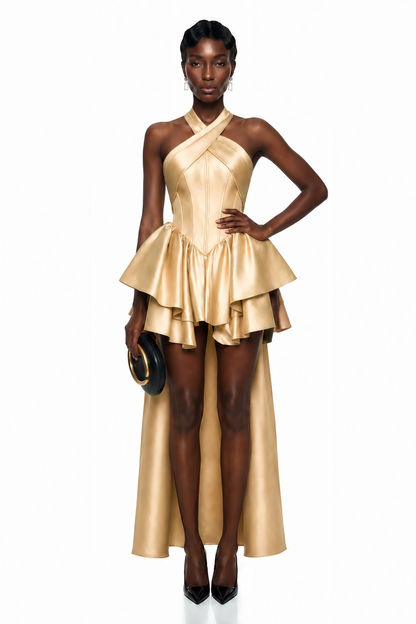 Firuze Gold Cross Front Asymmetrical Tiered Mini Dress