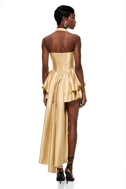 Firuze Gold Cross Front Asymmetrical Tiered Mini Dress