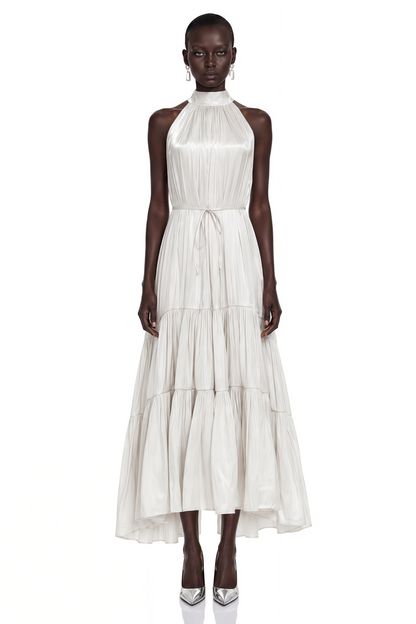 Firuze Ivory Pleated Tiered Maxi Dress