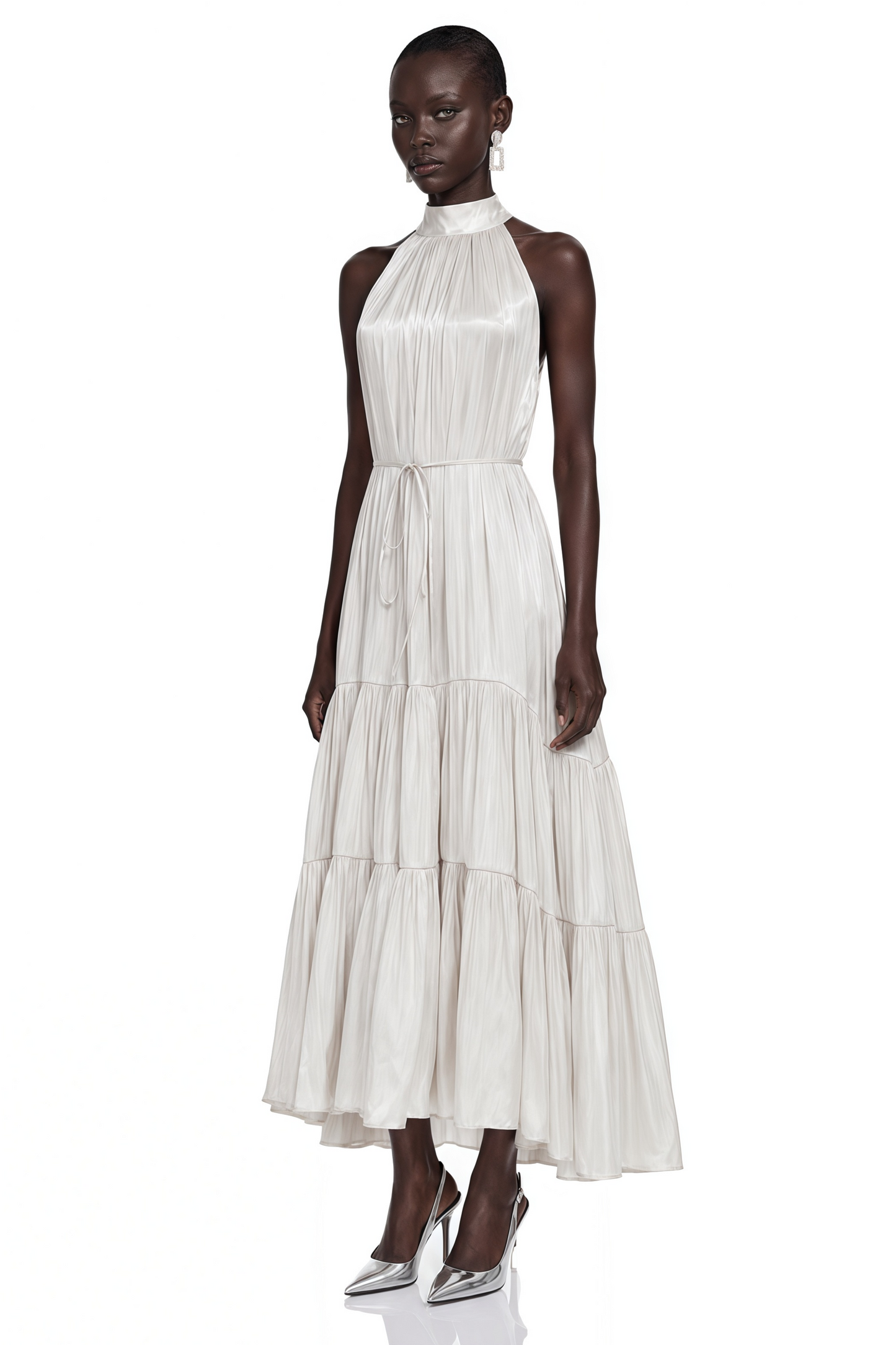 Firuze Ivory Pleated Tiered Maxi Dress