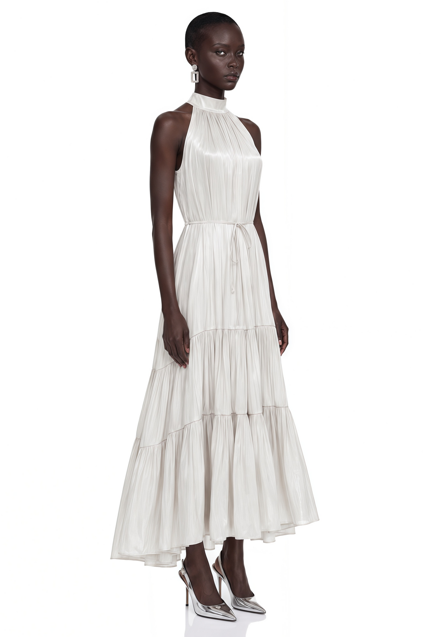 Firuze Ivory Pleated Tiered Maxi Dress