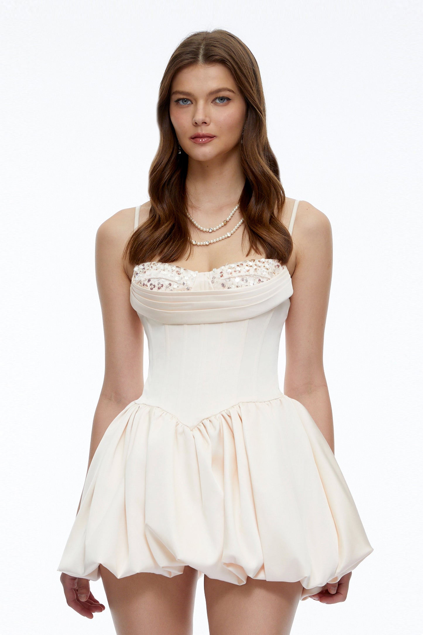 Flavie Neutral Sequin Embellished Corset Satin Mini Dress