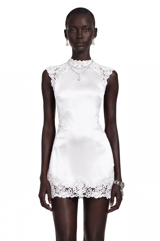 Flavie White Satin Mini Dress with Lace Trim