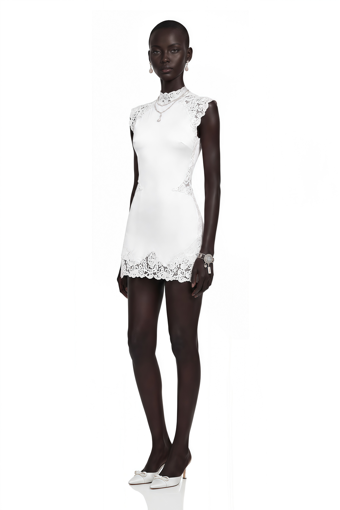 Flavie Dantelli Beyaz Saten Mini Elbise