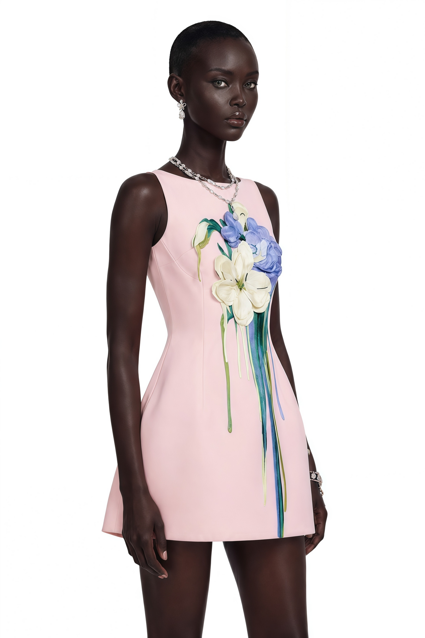Flora Pink A-Line Mini Dress with Floral Applique