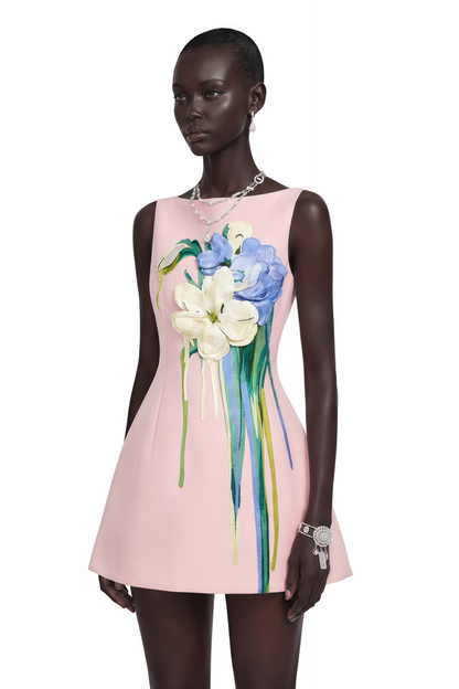 Flora Pink A-Line Mini Dress with Floral Applique