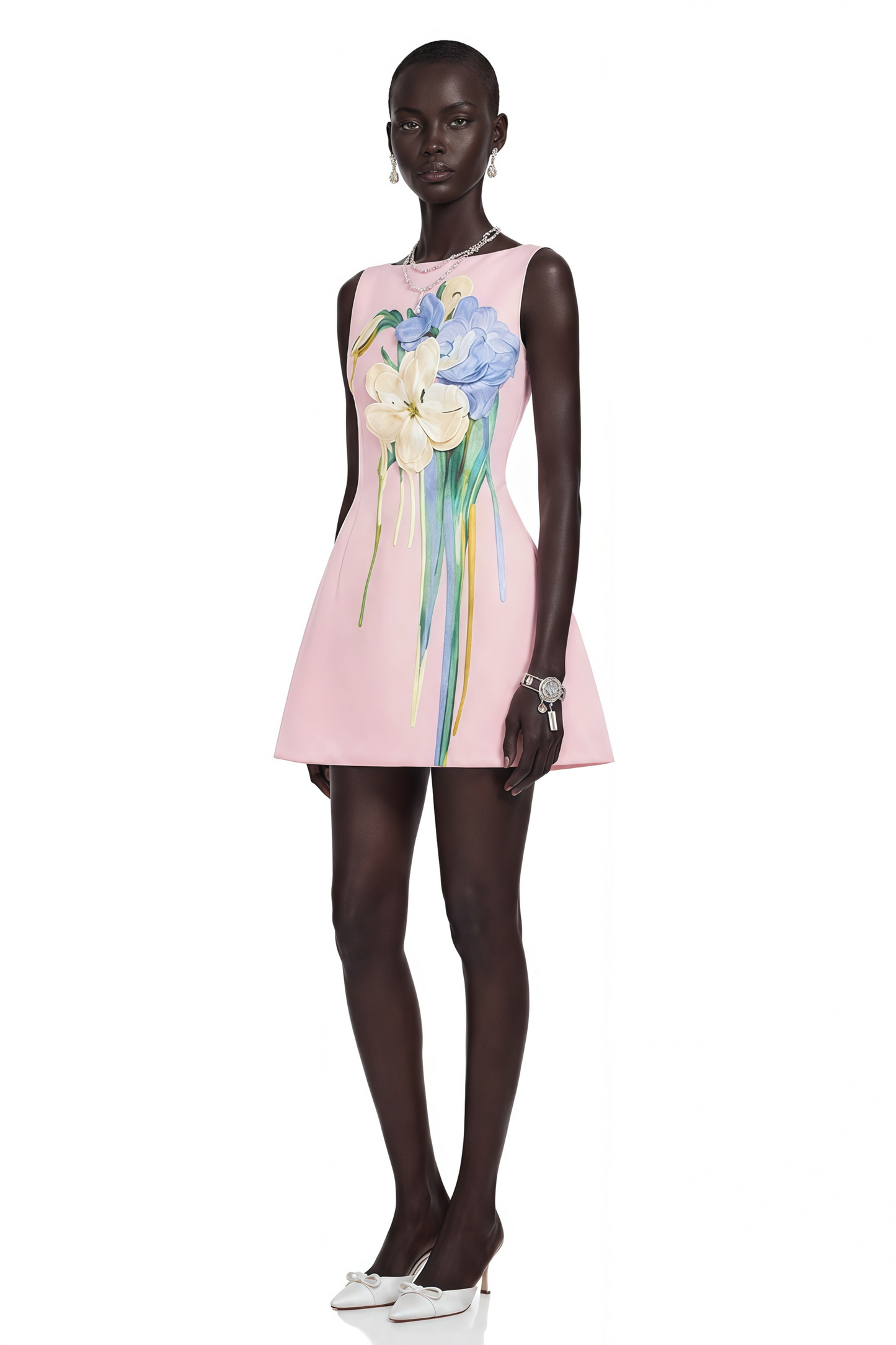 Flora Pink A-Line Mini Dress with Floral Applique