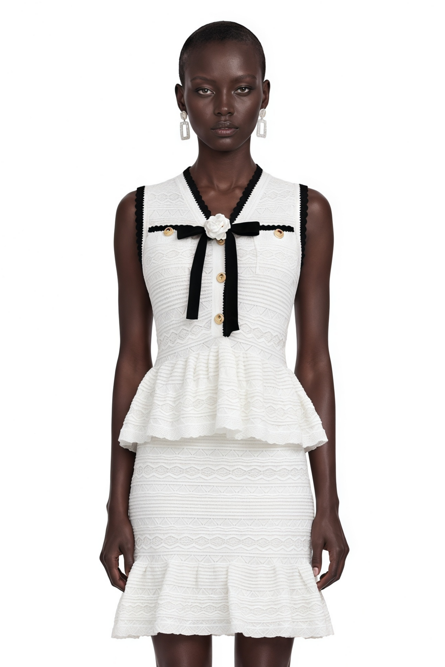 Florence White Knit Ruffled Mini Dress with Bow