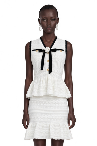 Florence White Knit Ruffled Mini Dress with Bow
