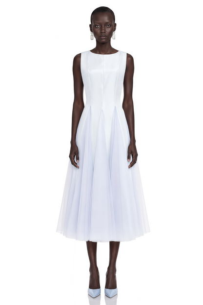 Florentina Blue Midi Dress with Tulle Panels