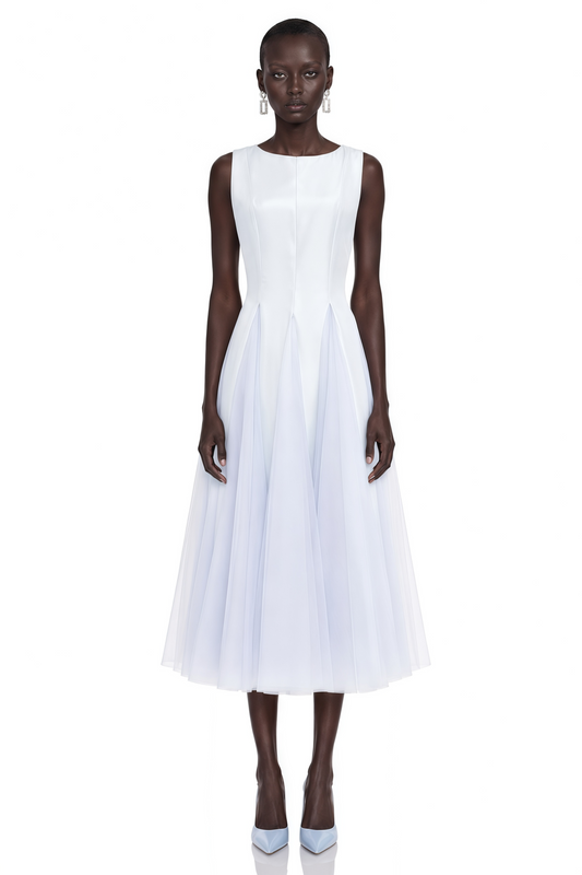 Florentina Blue Midi Dress with Tulle Panels