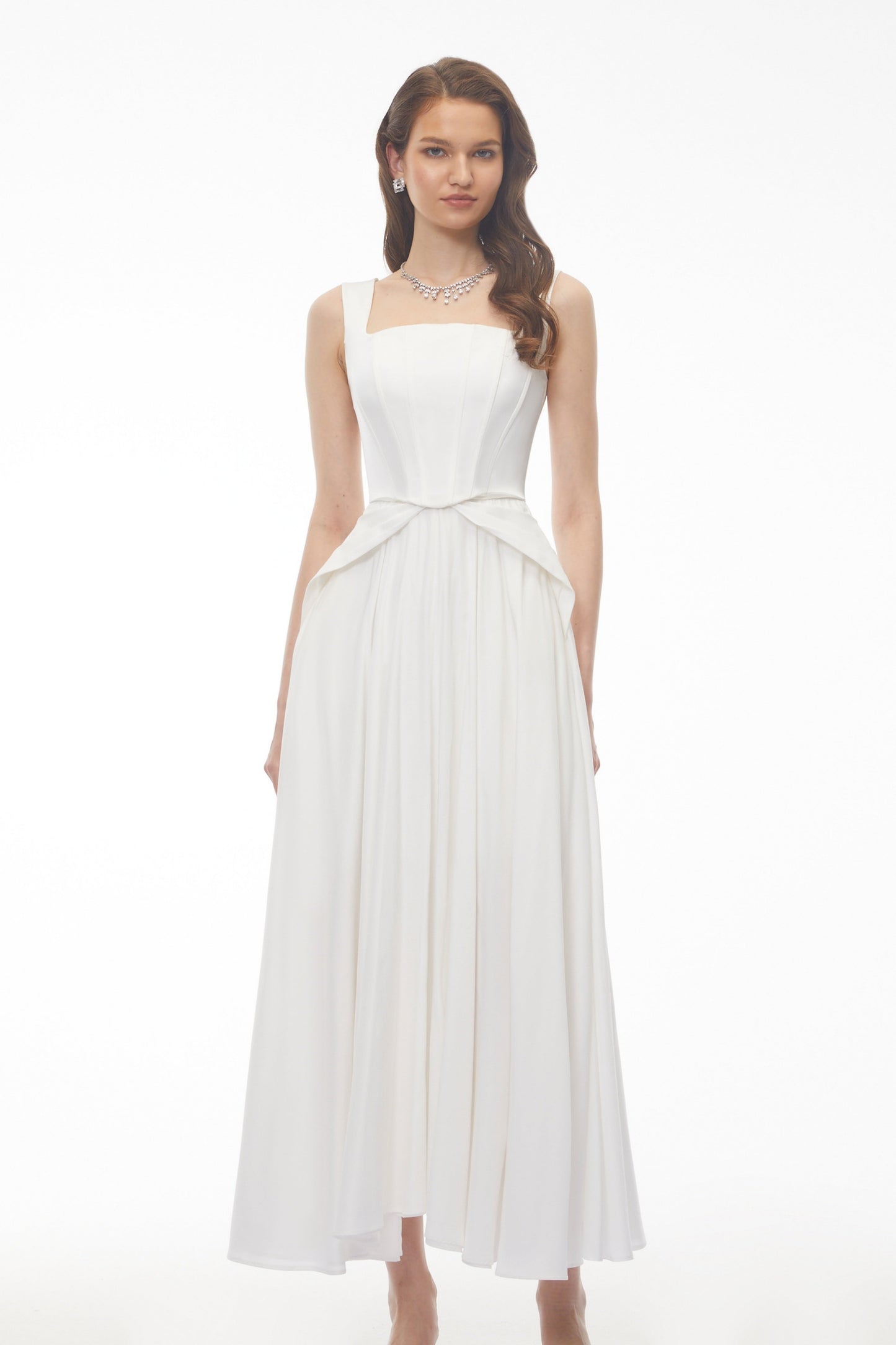 Forugh White Pleated Satin Maxi Dress