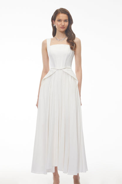 Forugh White Pleated Satin Maxi Dress