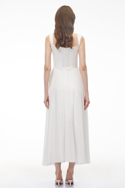 Forugh White Pleated Satin Maxi Dress