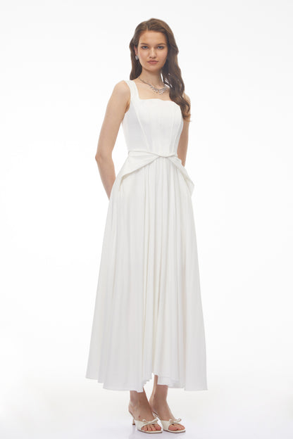 Forugh White Pleated Satin Maxi Dress