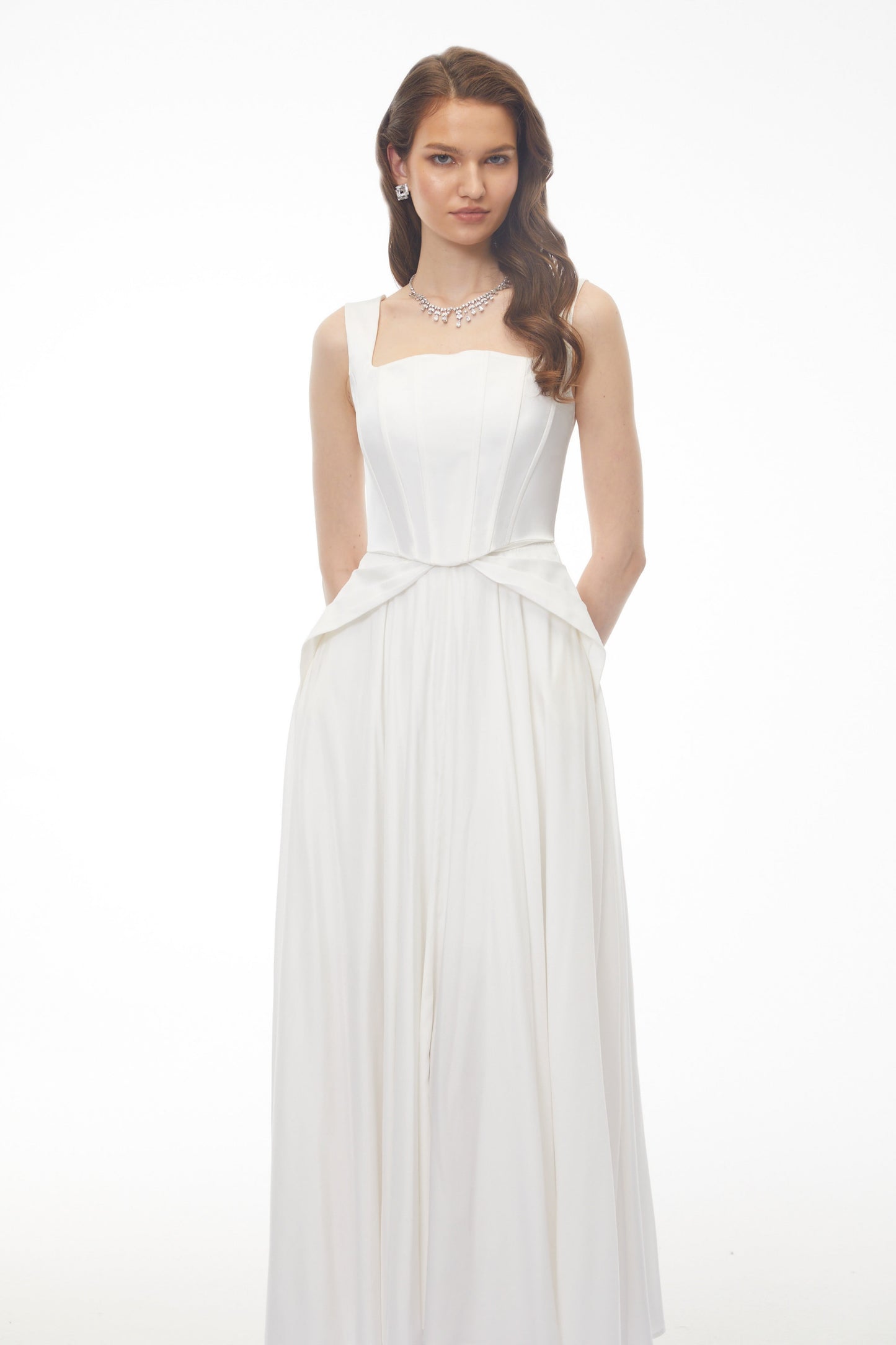 Forugh White Pleated Satin Maxi Dress