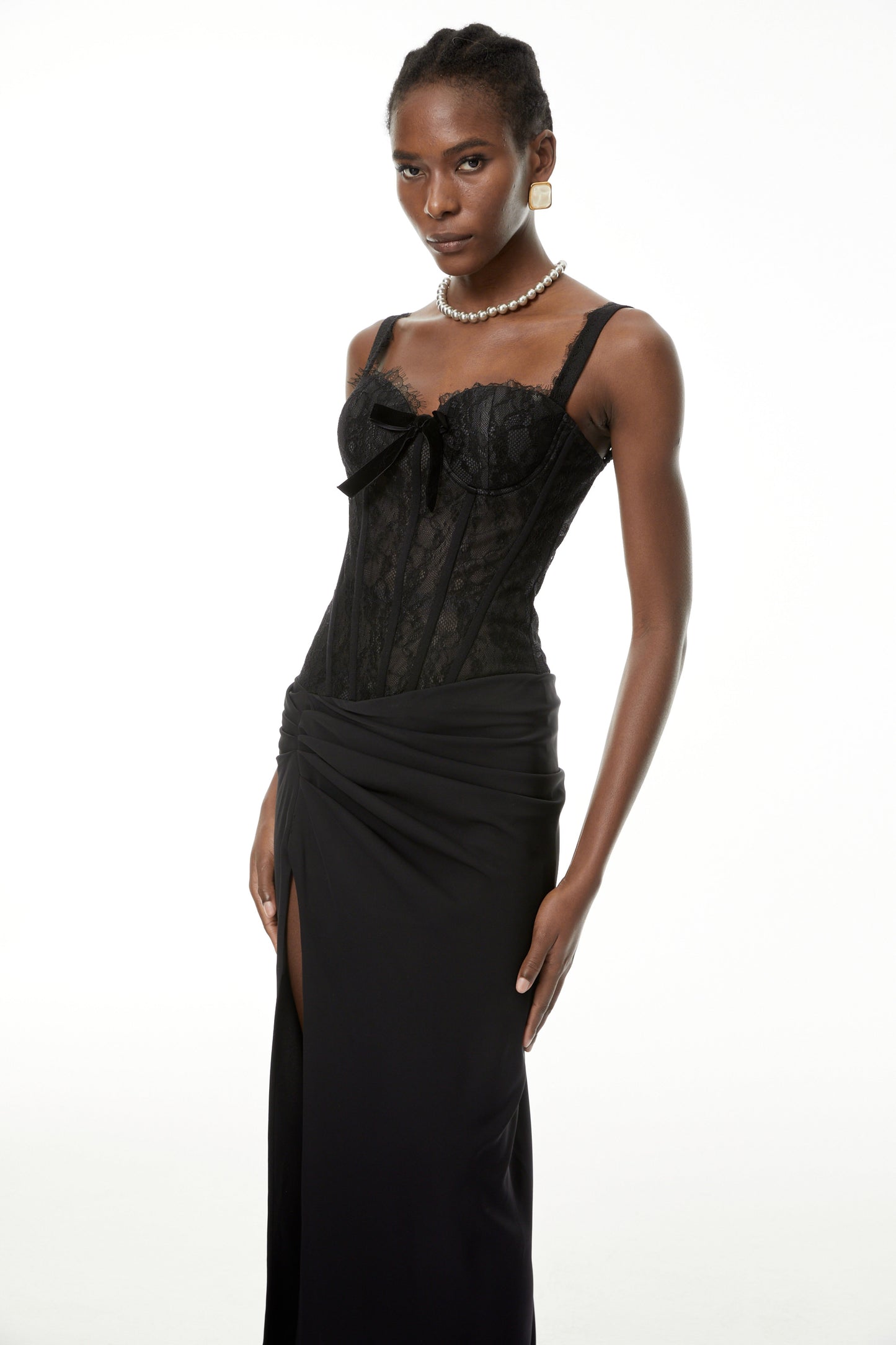 Francesca Black High Slit Floral Lace Maxi Dress
