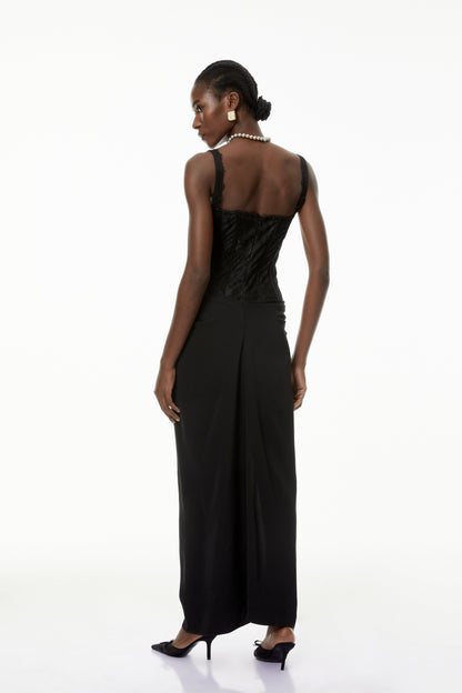 Francesca Black High Slit Floral Lace Maxi Dress