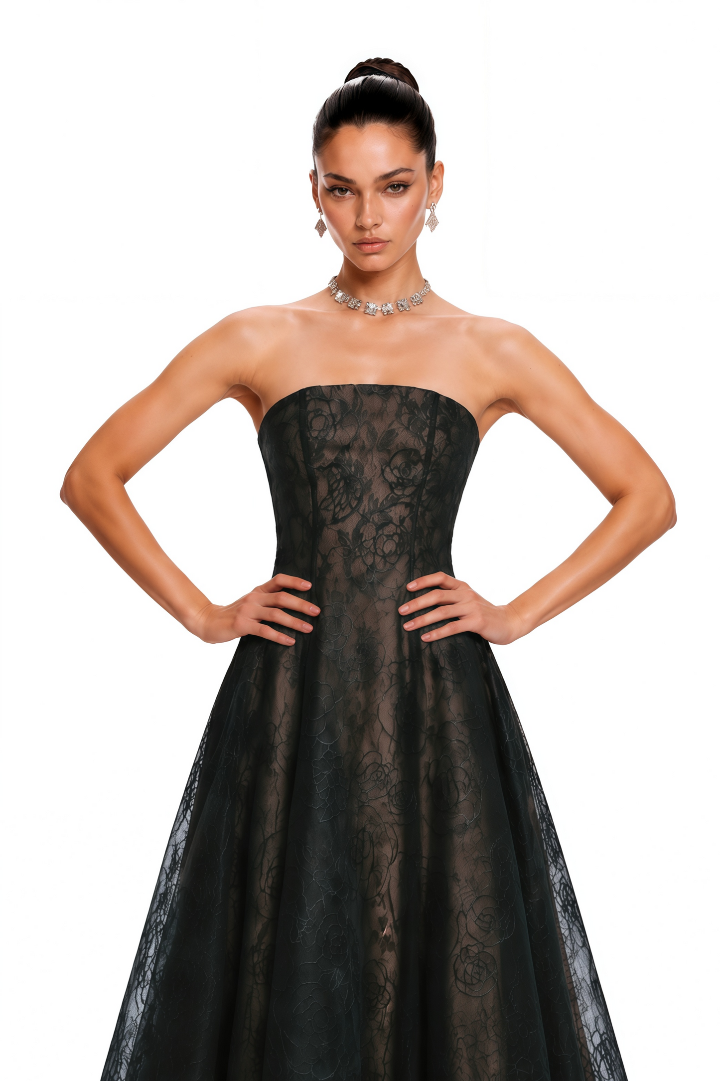 Francesca Black Strapless Floral Lace A-Line Maxi Dress
