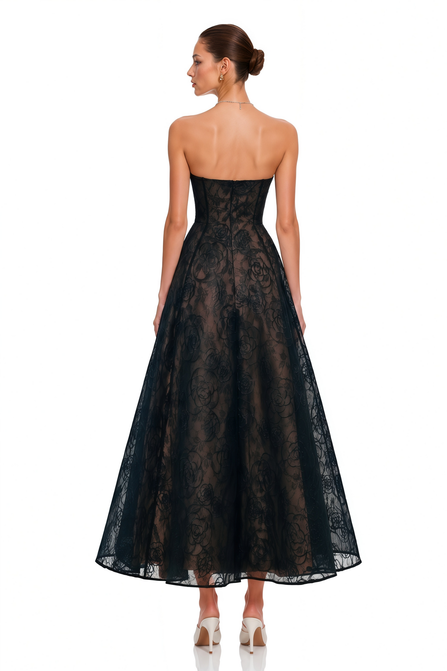 Francesca Black Strapless Floral Lace A-Line Maxi Dress