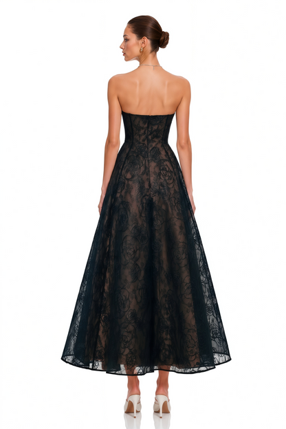 Francesca Black Strapless Floral Lace A-Line Maxi Dress
