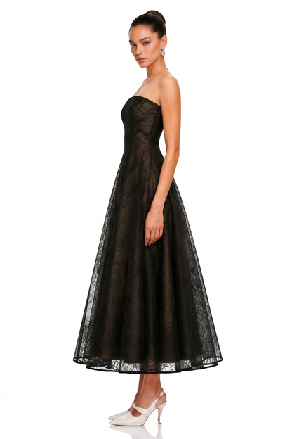 Francesca Black Strapless Floral Lace A-Line Maxi Dress