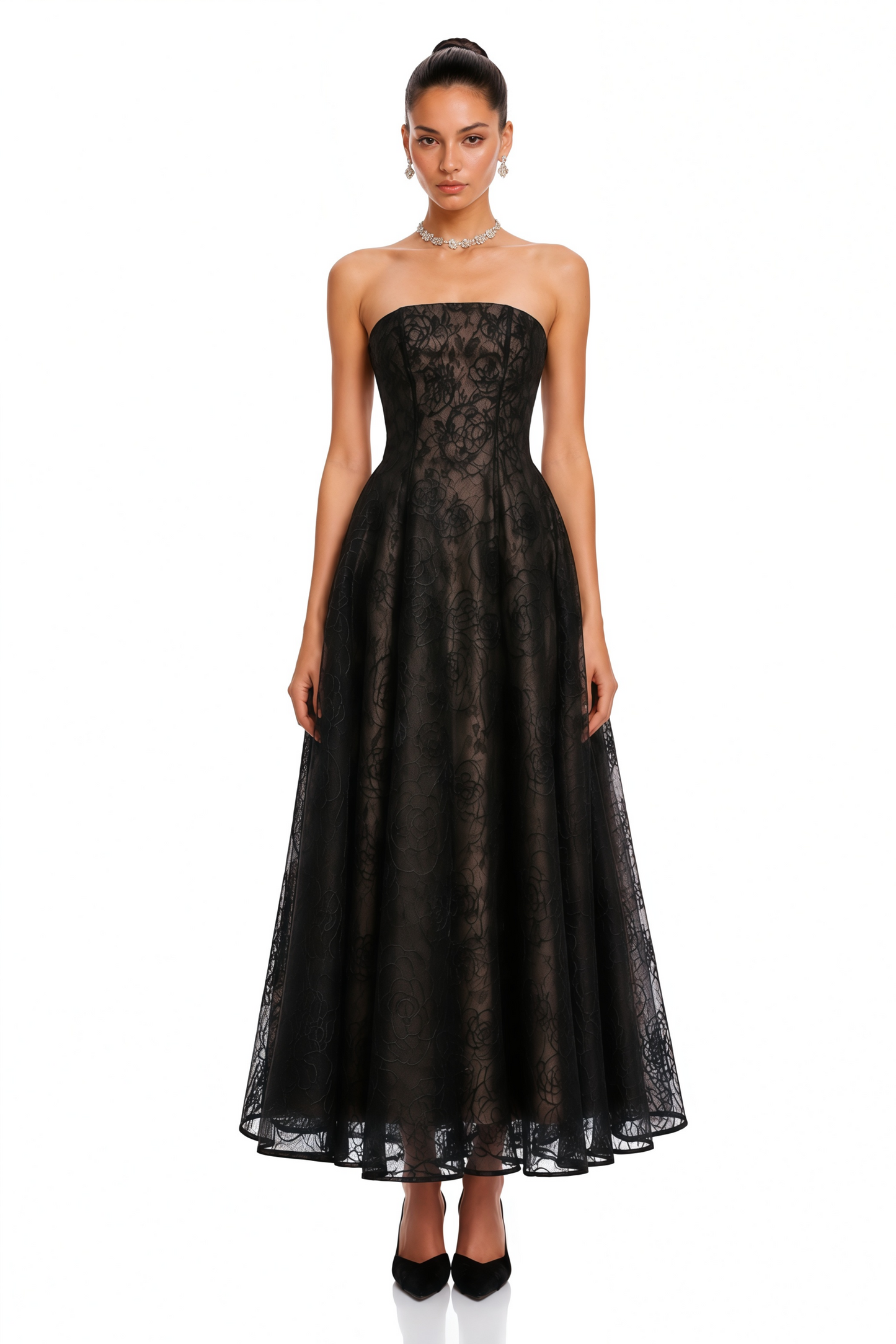 Francesca Black Strapless Floral Lace A-Line Maxi Dress