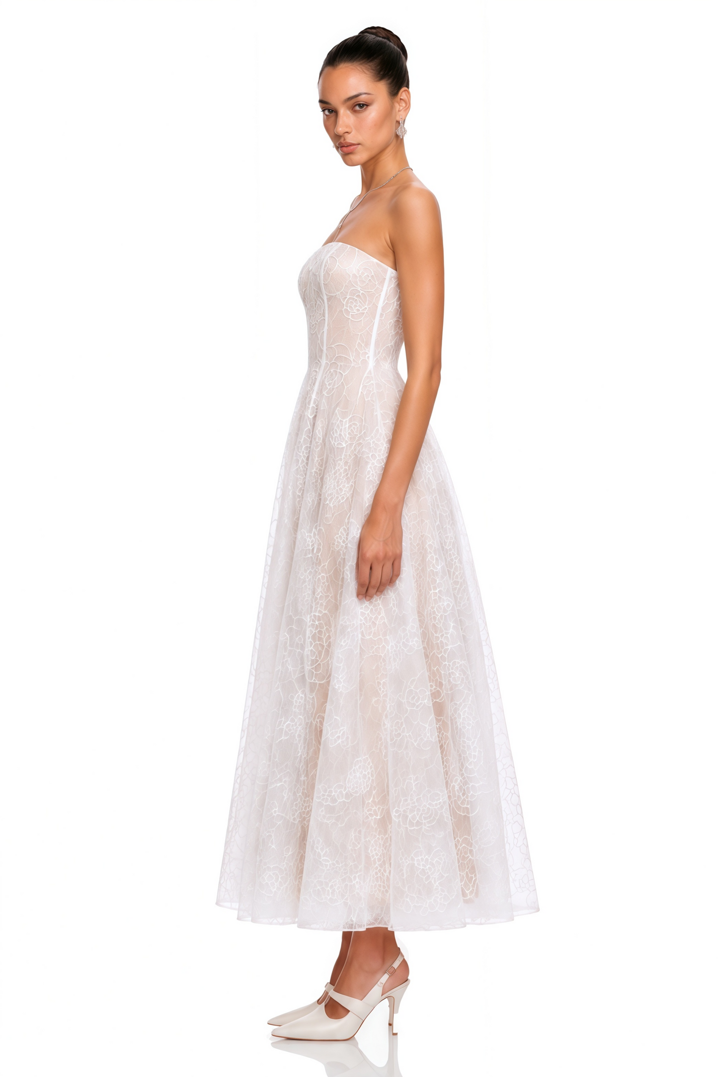 Francesca White Strapless Floral Lace A-Line Maxi Dress