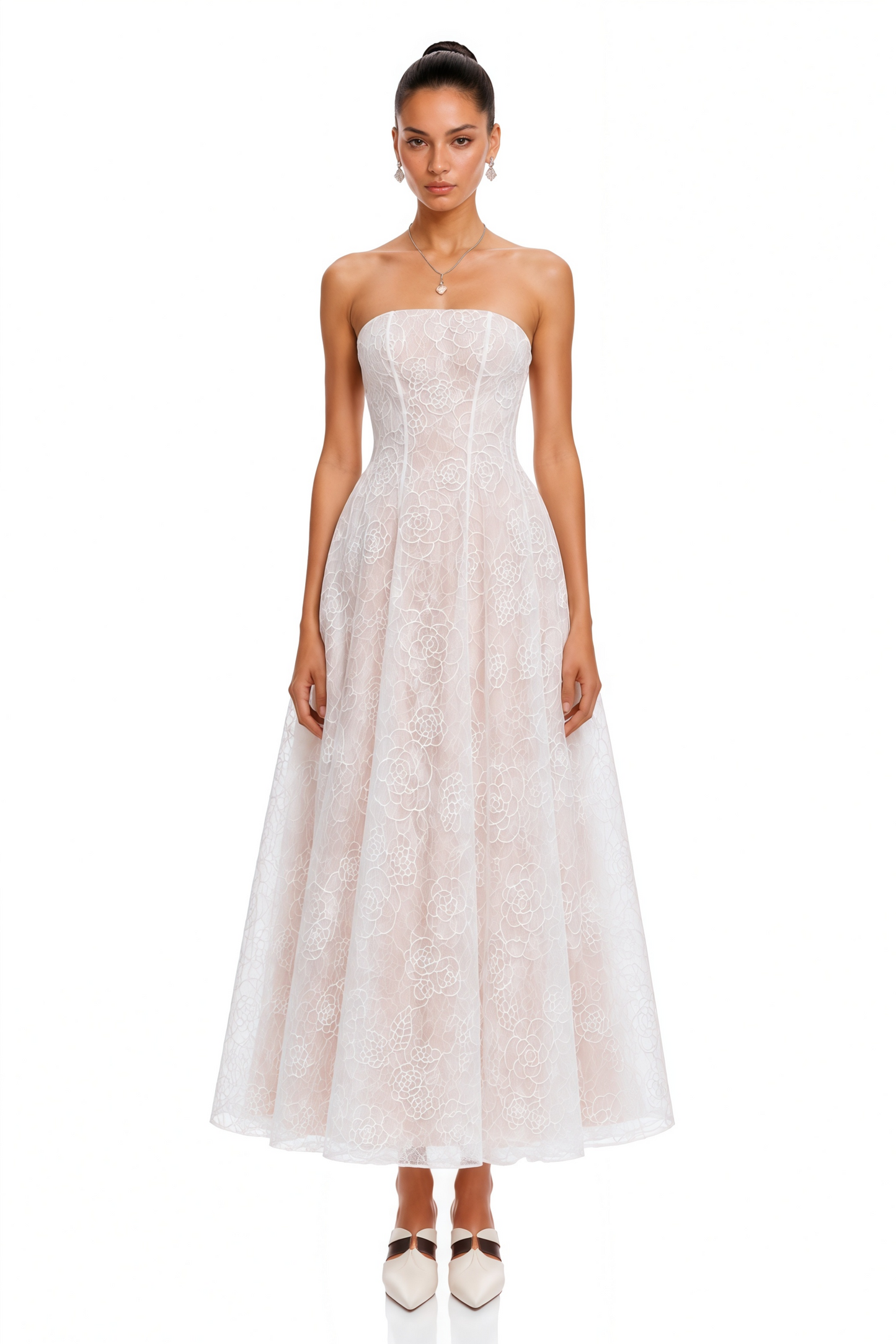 Francesca White Strapless Floral Lace A-Line Maxi Dress