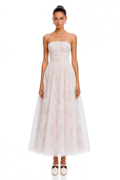 Francesca White Strapless Floral Lace A-Line Maxi Dress