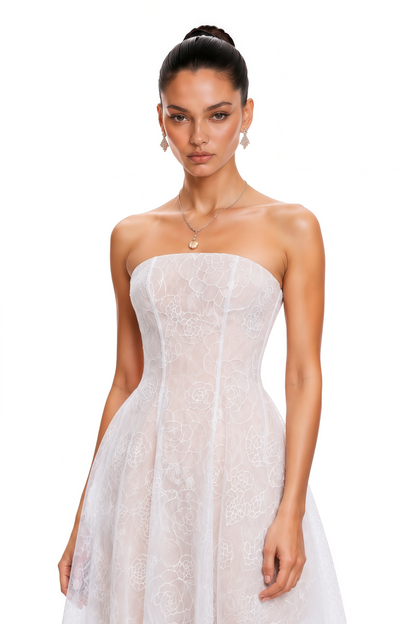 Francesca White Strapless Floral Lace A-Line Maxi Dress