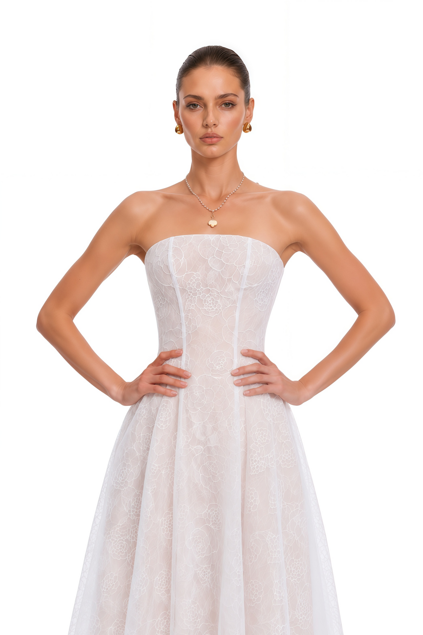 Francesca White Strapless Floral Lace A-Line Maxi Dress
