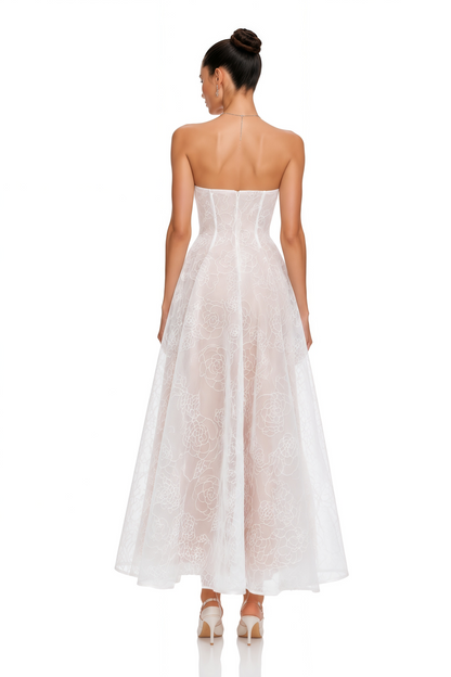 Francesca White Strapless Floral Lace A-Line Maxi Dress