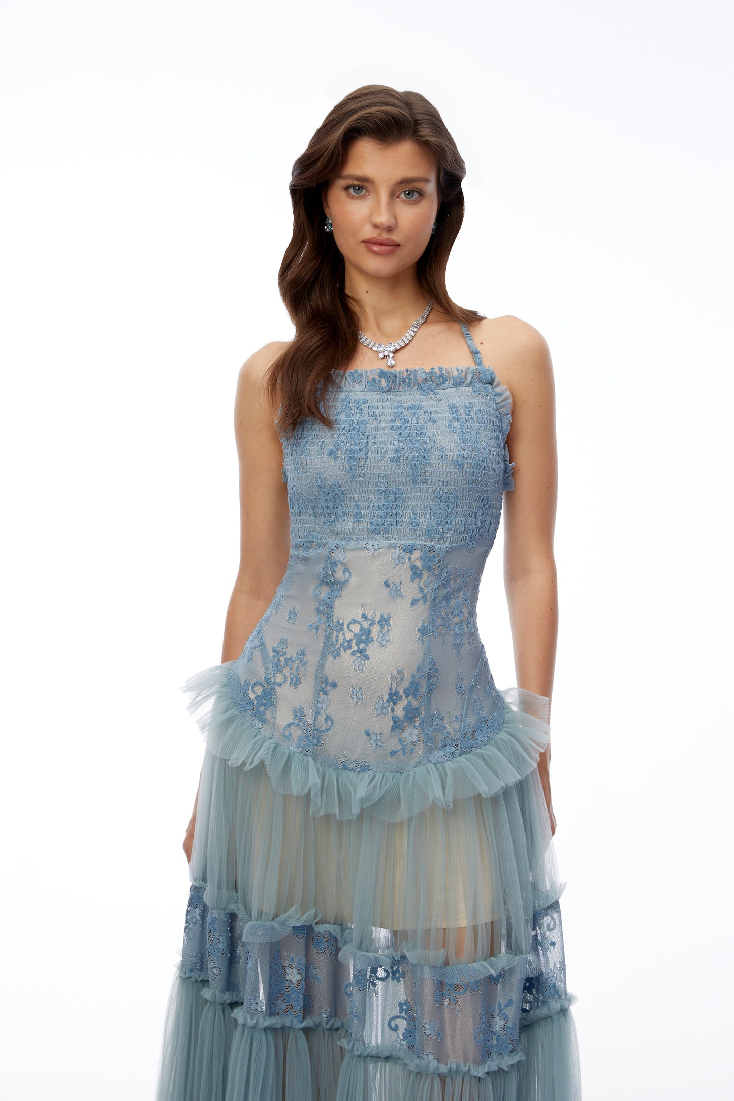 Francine Dusty Blue Floral Lace Tiered Maxi Dress