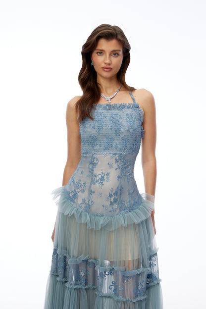 Francine Dusty Blue Floral Lace Tiered Maxi Dress