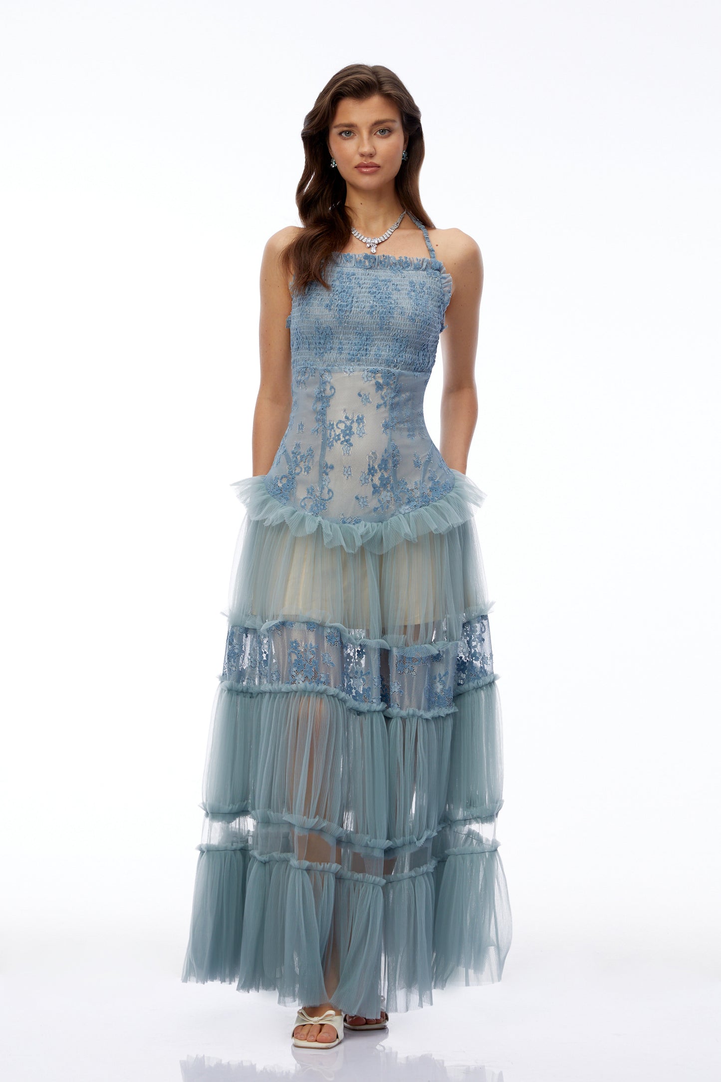 Francine Dusty Blue Floral Lace Tiered Maxi Dress