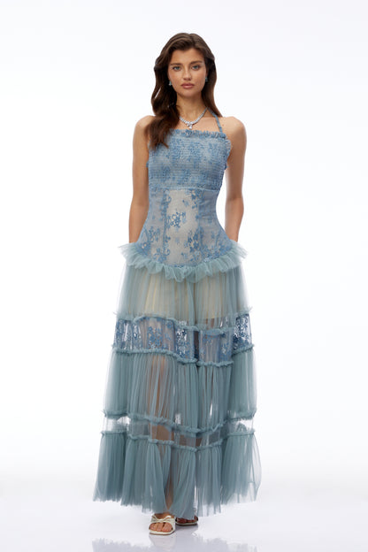 Francine Dusty Blue Floral Lace Tiered Maxi Dress