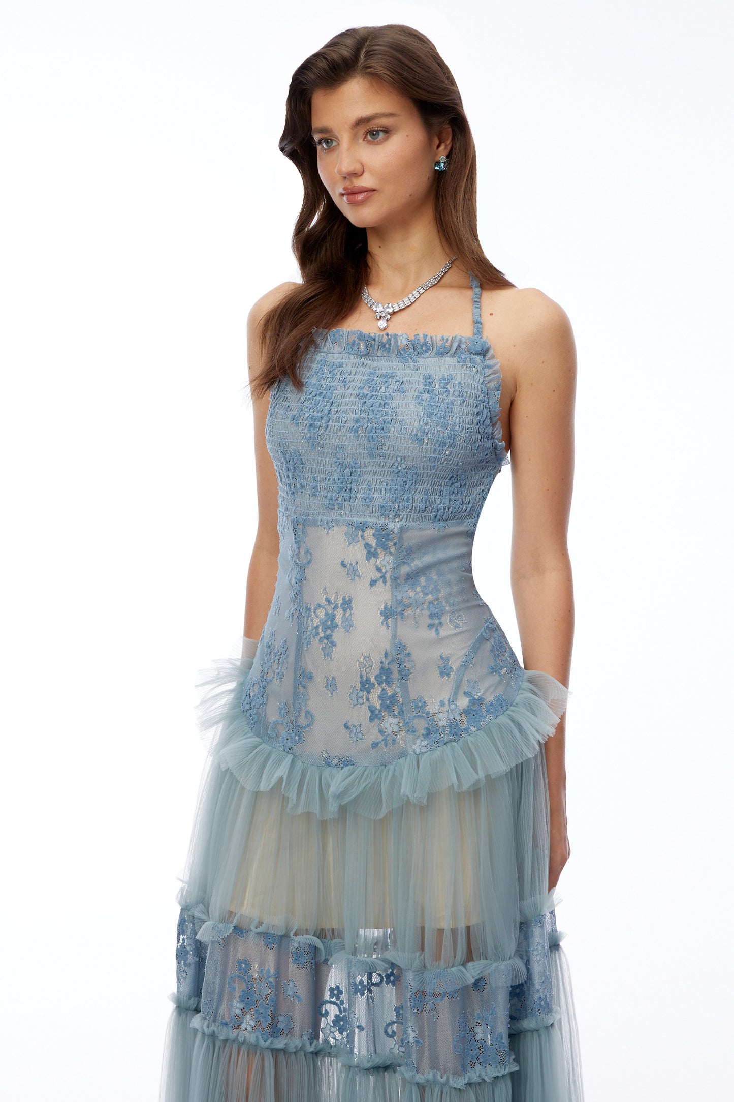 Francine Dusty Blue Floral Lace Tiered Maxi Dress